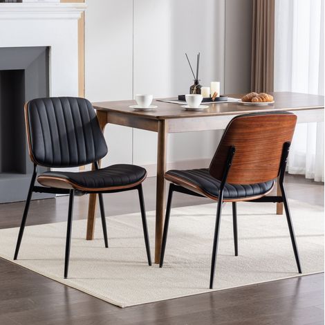 Silla de comedor mid-century de PU negro con respaldo de madera curvada y patas metalicas,57.4×48.3×83.3cm (1/5)