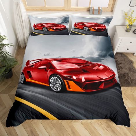Housse de Couette 140x200 Ado Garçon Voiture de Course, Parure de Lit Voiture de Course Rouge, Sets de Housses de Couettes Sports Extrêmes, Couvre Lit Voiture de Course de Vitesse (1/5)