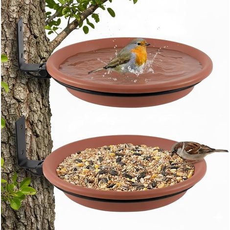 Lot de 2 mangeoires et abreuvoirs à oiseaux suspendus 21 cm, pour oiseaux sauvages, jardin et balcon, décoration extérieure, marron (1/5)