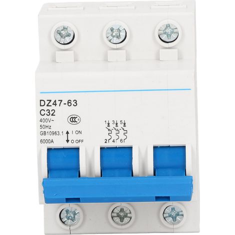 Disjoncteur triphasé, protecteur de circuit monté sur rail, 400 V 32 A, capacité de coupure 6000 A.