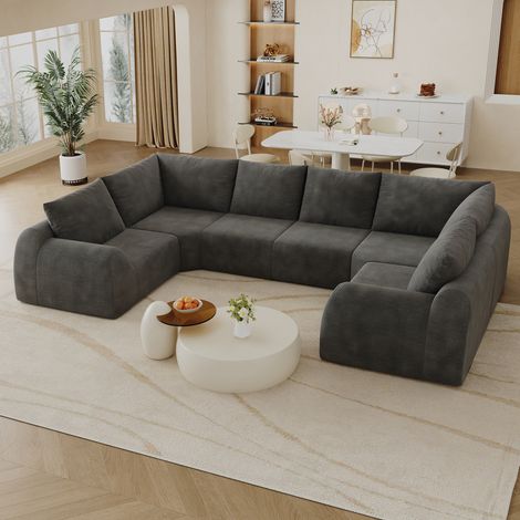 Divano a U 344 cm, senza montaggio, tessuto chenille, grigio scuro HAVRYA (1/5)