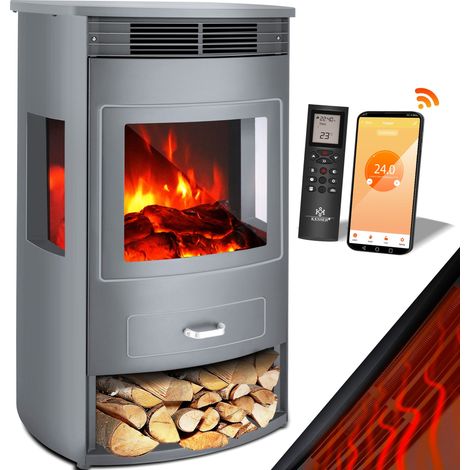 KESSER® Prio Camino elettrico con ventola riscaldatore telecomando WiFi App 950/1900 W Camino elettrico a LED effetto fiamma Camino elettrico Grigio / Xtra-Large