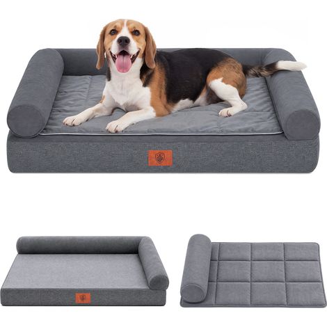 Lit pour chien - 85 x 55 x 14 cm - Mousse coquille d'œuf avec soulagement de la pression - Imperméable et lavable - Avec tapis rafraîchissant/chauffant 2 en 1 - Coussin amovible - Idéal pour - Gris (1/5)