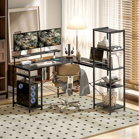 Bureau d'angle en L 137x140x139,5 cm avec 6 étagères, support écran, prise, USB et USB-C en métal noir (1/5)