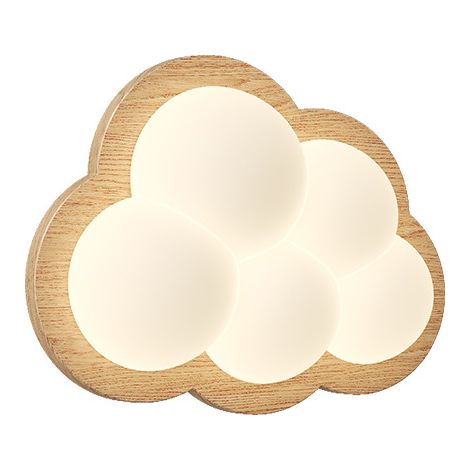 Applique LED Enfant Nuage 3D avec Base en Fer Imitation Bois et Abat-jour en Polycarbonate Blanc (1/3)