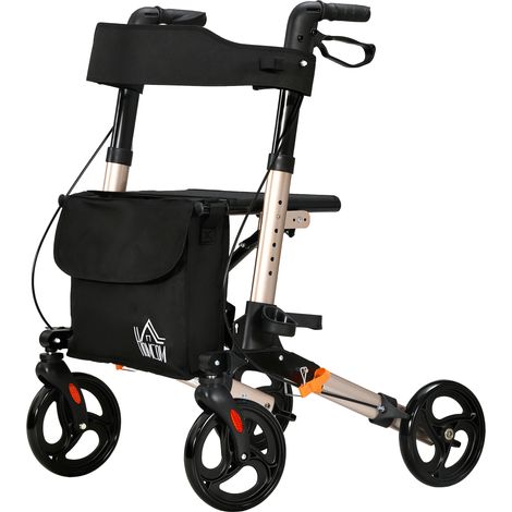 Déambulateur 4 Roues Pliable Aluminium Hauteur Réglable 6 Positions Freins Doubles Rangement 64x67x92cm Doré