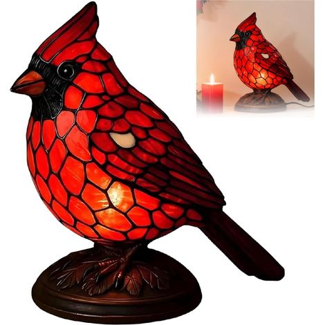 Lampe décorative oiseau cardinal vitrail résine, lampe de table LED décor Noël chambre salon bureau maison,Rouge,S-10x8x14cm (1/5)