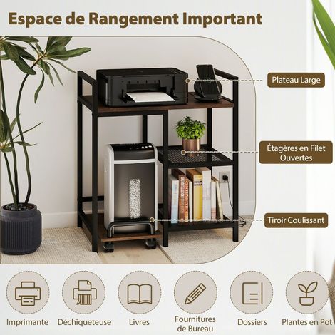 Meuble imprimante marron en métal à 3 niveaux avec station de charge, tiroir et roulettes pour bureau, maison et atelier (1/5)