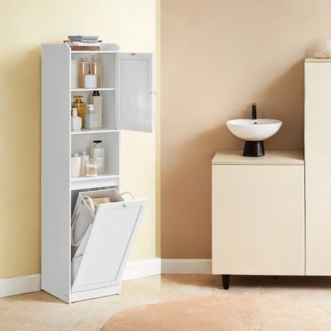Meuble de Salle de Bain, Panier à Linge, Placard de Rangement Haut, Sac Intérieur Amovible avec Poignées, Compartiment avec Porte, 40 x 40 x 170 cm, Blanc (1/5)