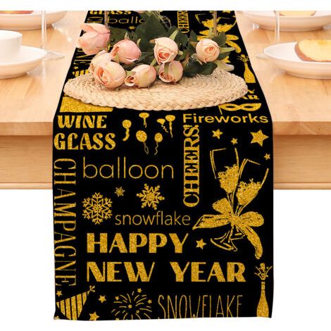 Chemin de table « Bonne année », nappe noire et or à pois et étoiles, décoration pour la maison et la cuisine, ambiance champêtre, linge de table en toile de jute pour les fêtes d'hiver 2026