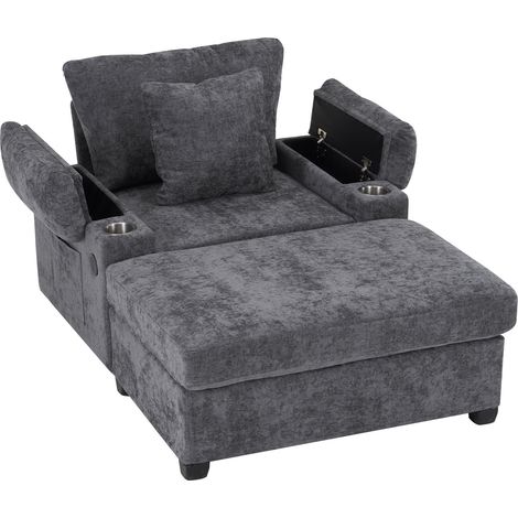 Chaise longue reclinable de tejido chenilla gris oscuro con portavasos y USB (1/5)