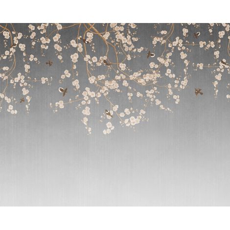 papier peint panoramique fleurs et oiseaux bleu gris  - Sanders & Sanders