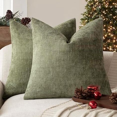 Fundas de almohada de chenilla verde oscuro de 66 x 66 cm (paquete de 2), fundas de cojín cuadradas decorativas de textura suave, compatibles con rellenos de almohada estándar de 66 cm.