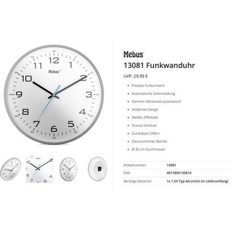 Horloge radiopilotée Mebus 13081 radiopiloté(e) 30 cm gris mécanisme d'horloge silencieux