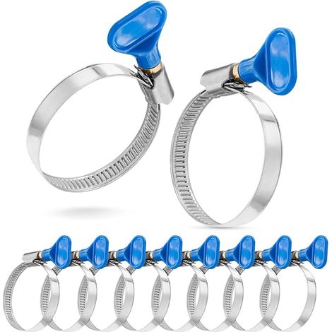 Lot de 10 colliers de serrage en acier inoxydable avec écrou papillon (32-50 mm) W2 Pour eau, jardin, gaz et piscine (bleu) (1/5)