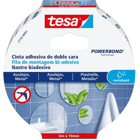 Tesa Te77745-00001-00 Nastro Biadesivo per Fissaggio su Piastrelle e Metallo Tesa Powerbond Resistente all'Umidità, 5M X 19 mm, Bianco (1/4)