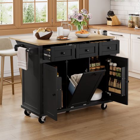 Îlot de cuisine sur roulettes — Doté d'un espace repas extensible, d'un compartiment pour poubelle et de tiroirs — Îlot mobile, idéal pour cuisines et salles à manger (Noir) (1/4)