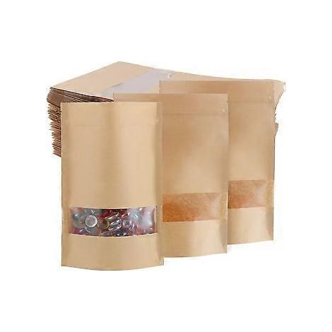 Lot de 60 sacs alimentaires en papier kraft réutilisables avec fermeture éclair et fenêtre transparente, 12 x 20 cm (1/5)