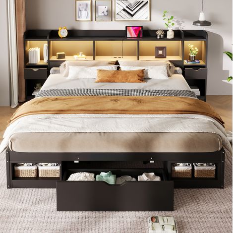 Letto matrimoniale 180x200 cm in legno nero con contenitore integrato, senza materasso FloraGrace (1/5)