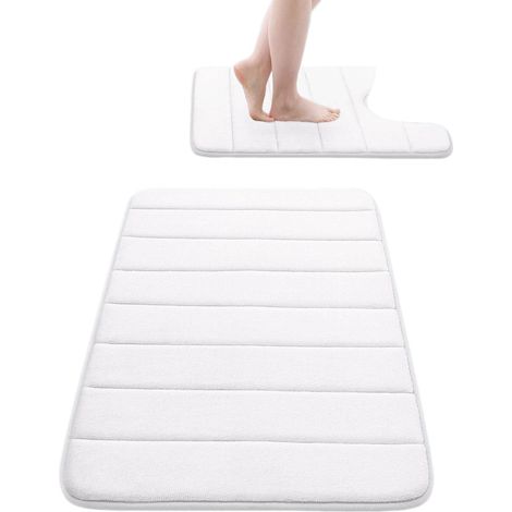 Lot de 2 tapis de bain en mousse à mémoire de forme : tapis de bain 61 x 41 cm et tapis de toilette en forme de U 61 x 51 cm, antidérapants et absorbants, noirs (61 x 41 cm + 61 x 51 cm), blancs (en f (1/5)