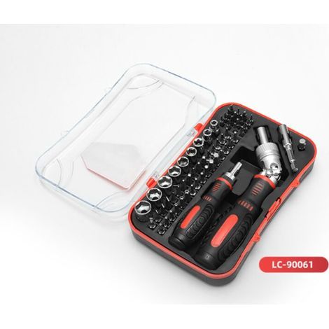 Ensemble clés magnétiques à cliquet et tournevis de précision pour l'électronique, 61 unité, lot de 1, Argent, Noir, Rouge (1/3)