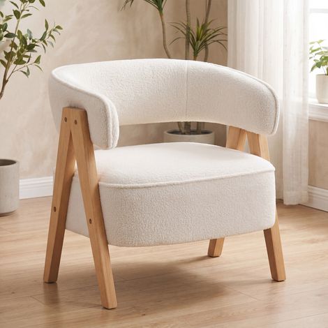 Butaca de Salón Tapizada en Borreguito Acolchada Gruesa Patas de Madera Respaldo Curvado 70x64x71 cm Blanco (1/5)