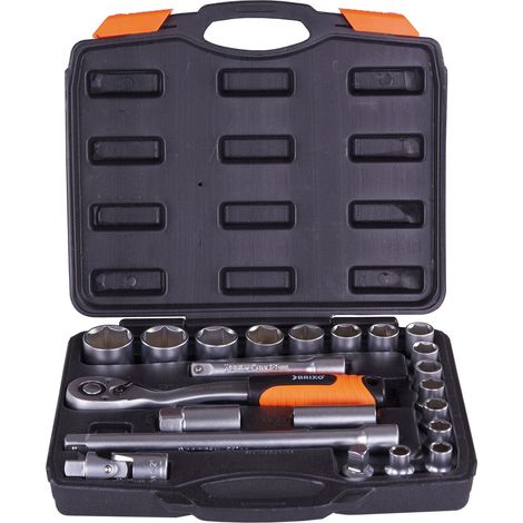 Kit chiavi a bussola in acciaio satinato 22 pezzi con chiave a cricchetto Brixo