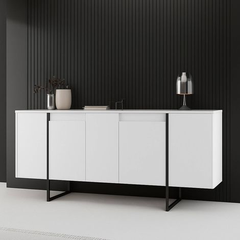 Dmora - Credenza Betel, Buffet da soggiorno, Madia da salotto, Dispensa da cucina, 160x35h80 cm, Bianco e Nero, con imballo rinforzato, con imballo rinforzato