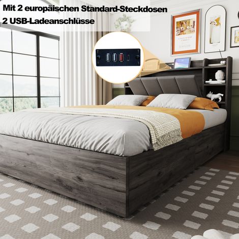 Cama con espacio de almacenamiento MDF gris 140x200 cm con canapé hidráulico, cabecero con estantes y USB/USB-C (1/5)