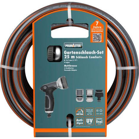 Primaster Gartenschlauch-Set Comfort+ mit Multibrause 25 m Ø 12,7 mm (1/2) Gartenschlauch