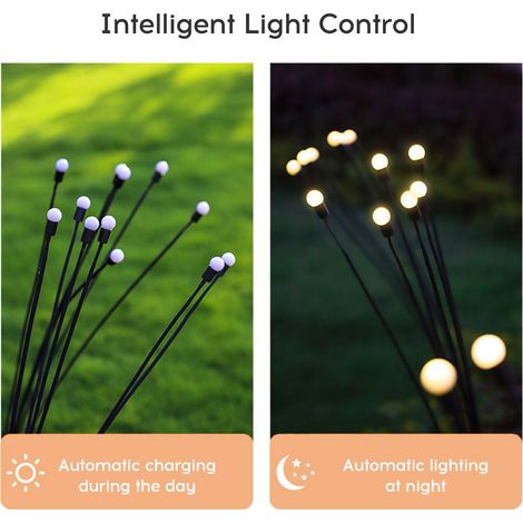 Lampes lucioles solaires à 6 têtes, 2 paquets, contrôle Intelligent de la lumière, prise de terre étanche pour l'extérieur, décoration d'ambiance de jardin