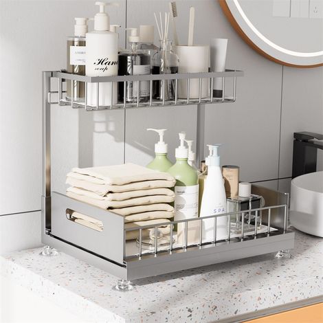 Fuleadture Organisateur sous évier, rangement coulissant pour placard-Étagère à 2niveaux sur rails pour meuble sous évier-Rangement pour cuisine,girs (1/5)