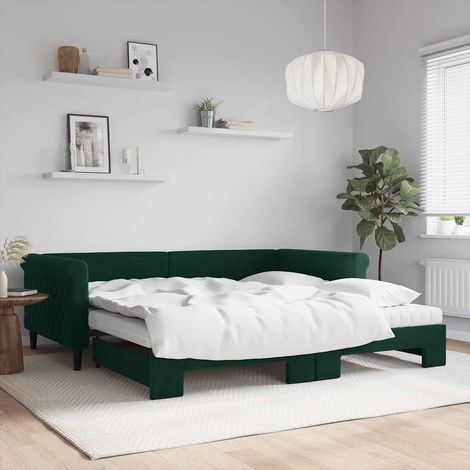 Tagesbett Ausziehbar mit Matratzen Dunkelgrün 100x200 cm Samt