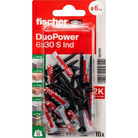 Confezione da 16 tasselli multimateriale FISCHER DuoPower, viti nere, diametro 6 x lunghezza 30 mm. FISCHER (1/5)