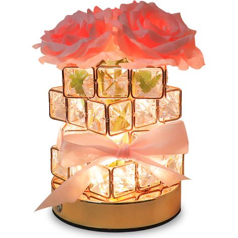 Lampe à fleurs de roses artificielles, lampe de Table LED avec Vase en cristal Cube lampe tactile à 3 températures de couleur à intensité variable (1/5)