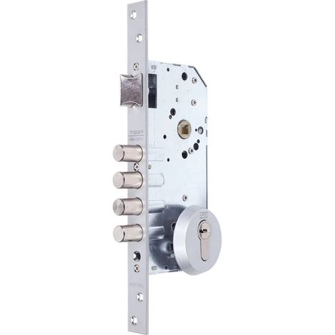Serrure de sécurité monopoint, axe 50 mm, finition chromée, pênes 14 mm, pour portes bois (1/4)