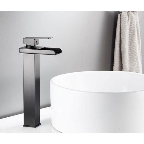KLVGTIFS PU - Lavabo Cascade Noir, Haut Mitigeur Vasque à Poser Salle de Bain, Robinetterie Bec Carré en Laiton , Eau Chaude et Froide Disponible (1/4)