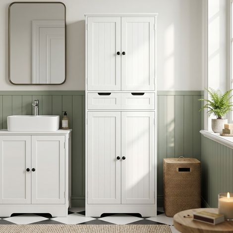 Meuble de salle de bain, meuble de rangement avec tiroir et 4 portes, style moderne, 60 x 30 x 160 cm, blanc (1/5)