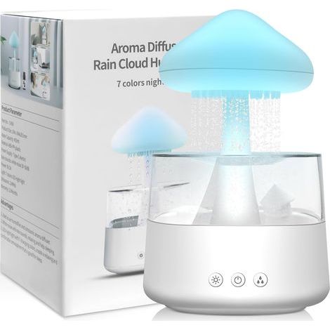 Humidificateur d’Air Effet Pluie 450ml - Diffuseur d’Huiles Essentielles avec Lampe Champignon, Nuage de Pluie, 7 LED Multicolores, Silencieux pour Chambre, Bureau, Maison (Blanc) (1/5)