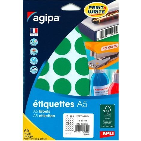 Pastille adhésive 30 mm Agipa 10135 verte - pochette de 240