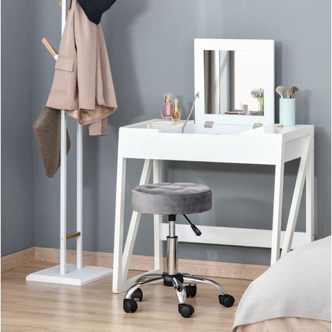 Taburete de salón Ø35x49-61 cm gris claro en poliéster con altura regulable, giro 360° y ruedas (1/5)