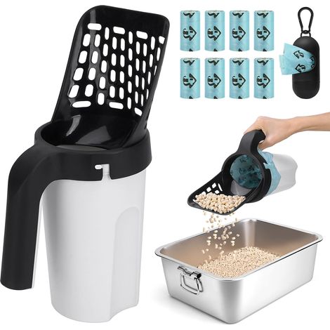 Cat Litter Scoop with Stand, Cat Litter Bin with 120 Bags, Large Capacity Cat Litter Scooper (Black) (1/5)