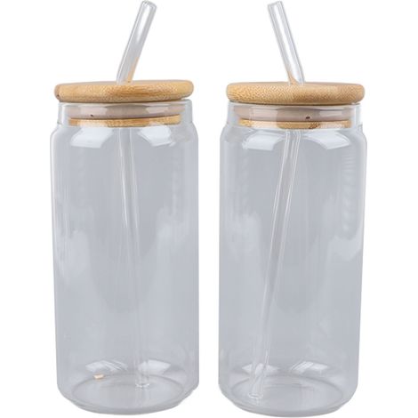 Stück Dosenförmige Trinkbecher 16oz mit Glasstrohhalm und Reinigungsbürste, Trinkgläser im Dosenstil für Tee und Whisky (1/5)