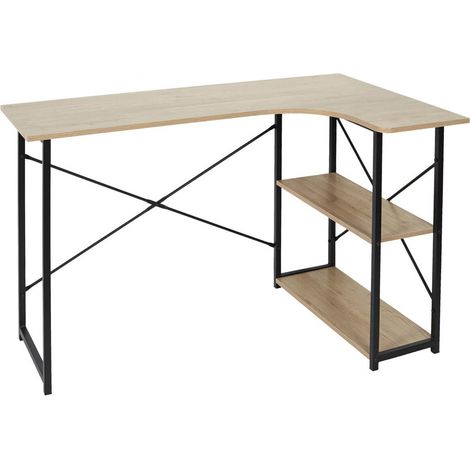 BIWO - Bureau d'Angle Noir et Naturel avec 2 Tablettes (1/4)