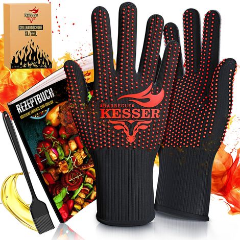 KESSER® Guanti da barbecue resistenti al calore fino a 500°  Guanti da forno traspiranti  Guanti da padella in tessuto aramidico  Nero / Rosso, XL-XXL