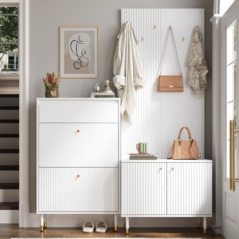 Ensemble rangement entrée multifonction : meuble chaussures pliable, armoire 2 portes, panneau aggloméré MDF crochets métal 70L×35P×180H cm, blanc (1/5)