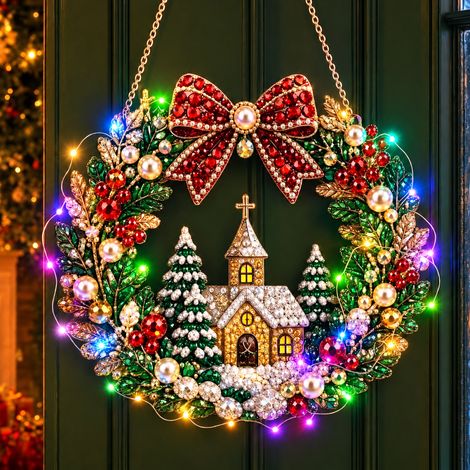 Tableau broderie diamant LED de Noël église et nœud rouge avec perles réf 1823 150 g – Livraison gratuite