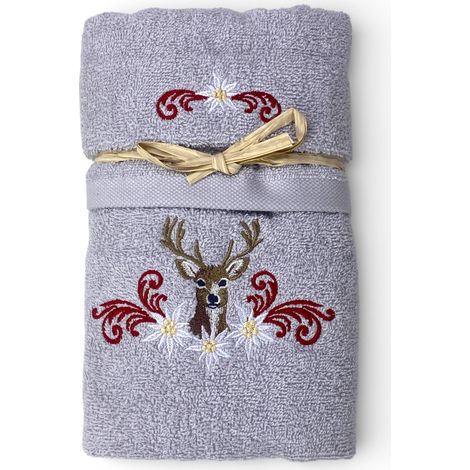 Ensemble de serviettes gris clair en cerf et Edelweiss du Tyrol - Tyrol - Éponge 100 % coton - Broderie fabriquée en Italie