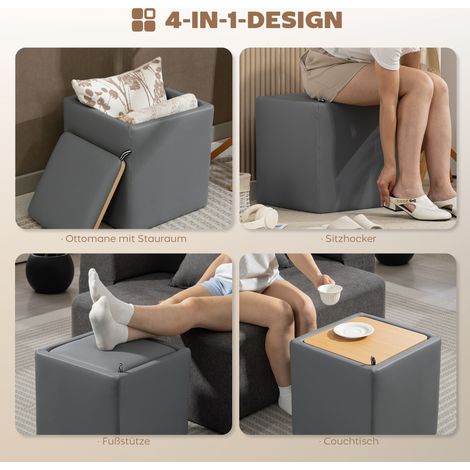 Pouf de rangement carré avec couvercle, repose-pieds en similicuir, assise cubique, dimensions 40x40x40 cm, gris (1/4)