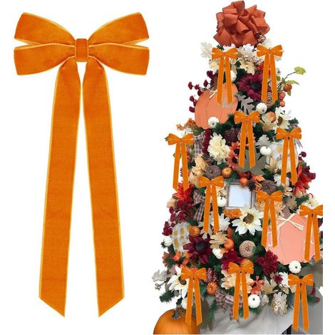 12 nœuds décoratifs en velours orange, 26 x 13 x 2,5 cm, ruban festif, décoration de Noël pour sapin et fête